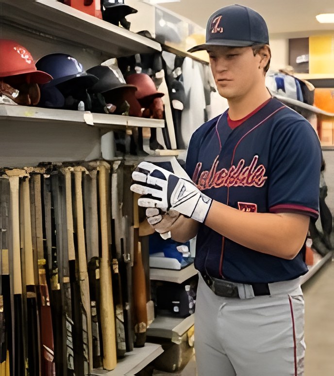 Caleb Miller trying on batting gloves at Dick's Sporting Goods